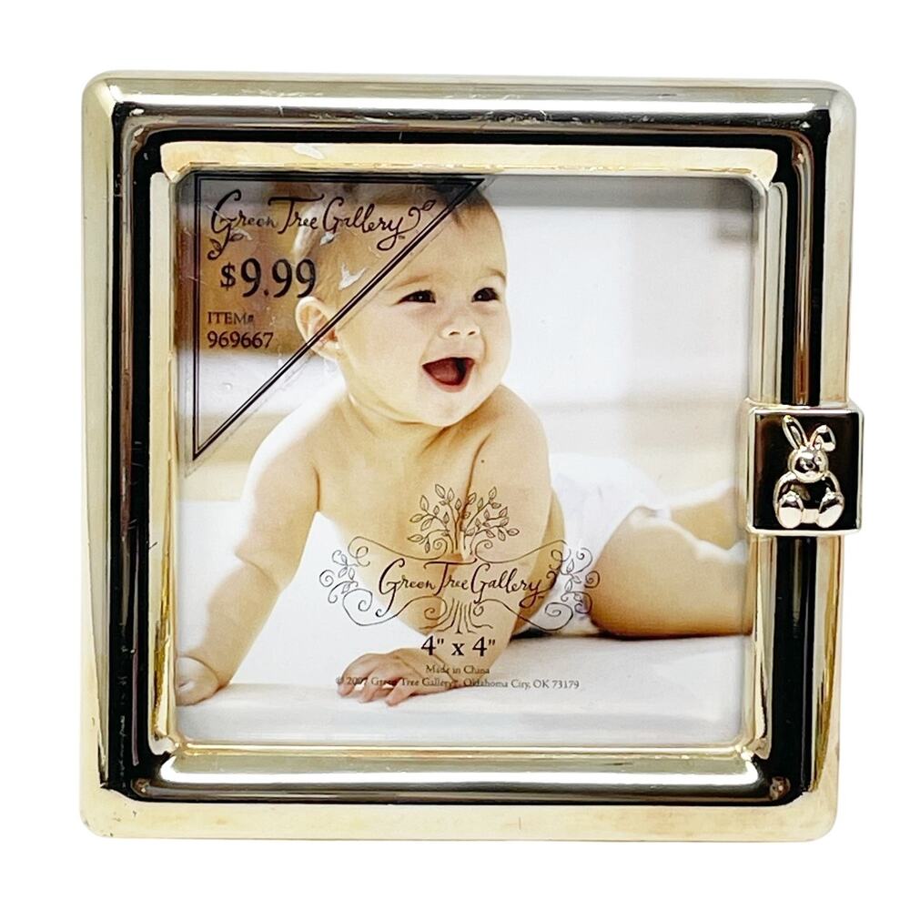 Green Tree Gallery Gold Tone Brass‎ 4x4 Photo Frame Baby Nursery Easel Glass EUC